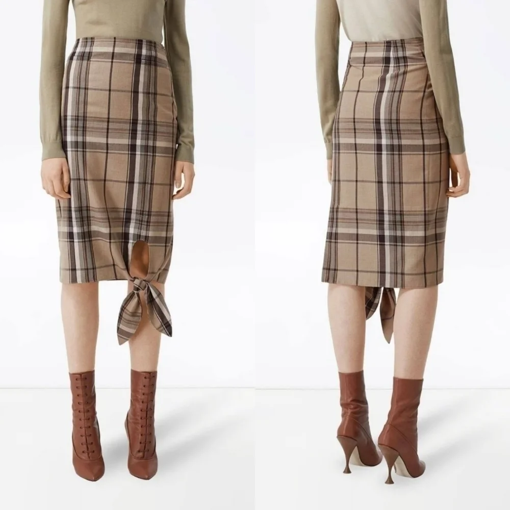 New Burberry Knot Detail Nova Check Driftwood Pattern Pencil Skirt NWT 0 US/2 UK